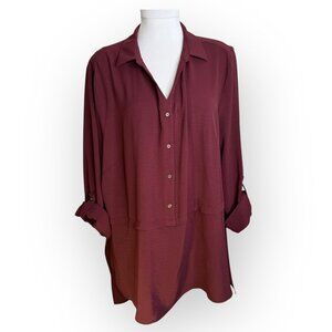 Adyson Parker Burgundy Roll Tab Button Front Blouse Size 1X‎